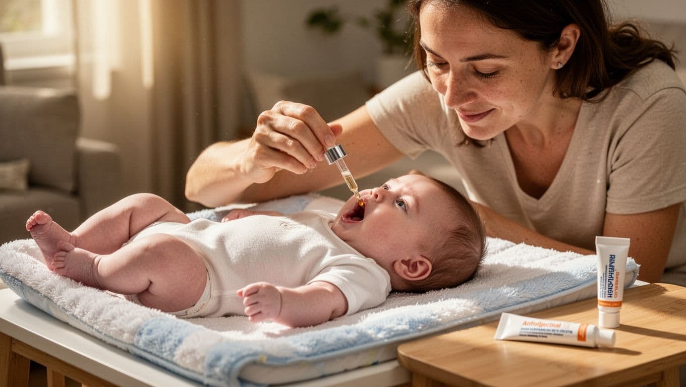 Mother places drops of liquid medicine in baby's open mouth using dropper, baby on changing mat with antifungal cream tube nearby.