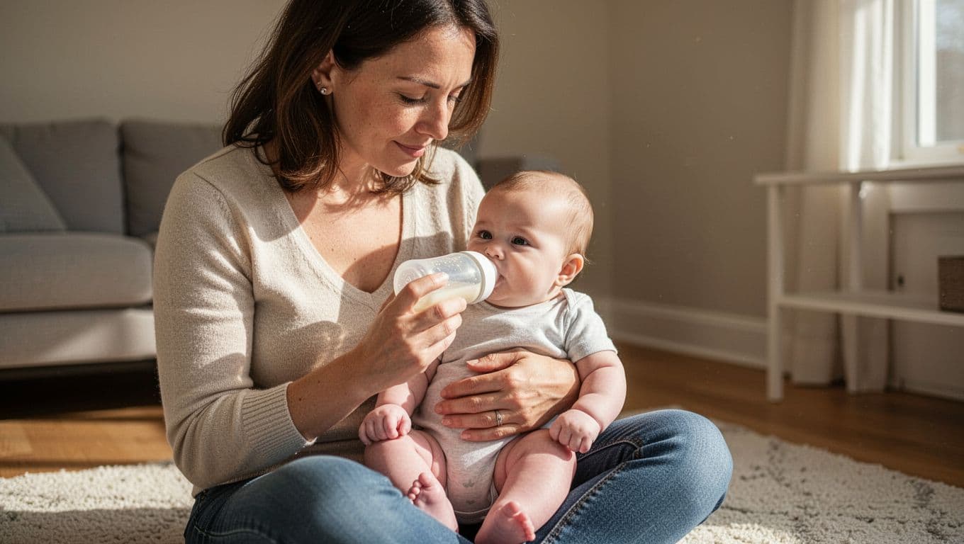 Mother holds 4-month-old baby on lap for bottle feeding in quiet living room, close-up on faces and hands.