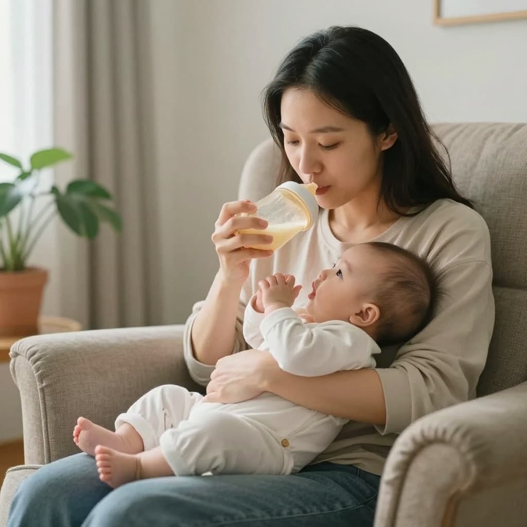 A mother sits in a comfortable chair while bottle feeding her baby in an upright position.