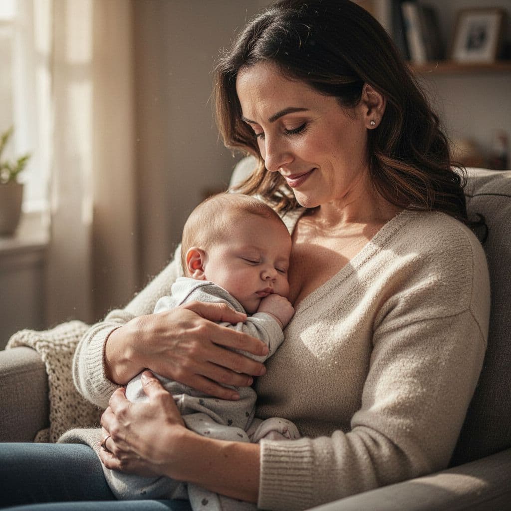 A mother gently cradles and breastfeeds her calm infant in a serene, softly lit nursery.