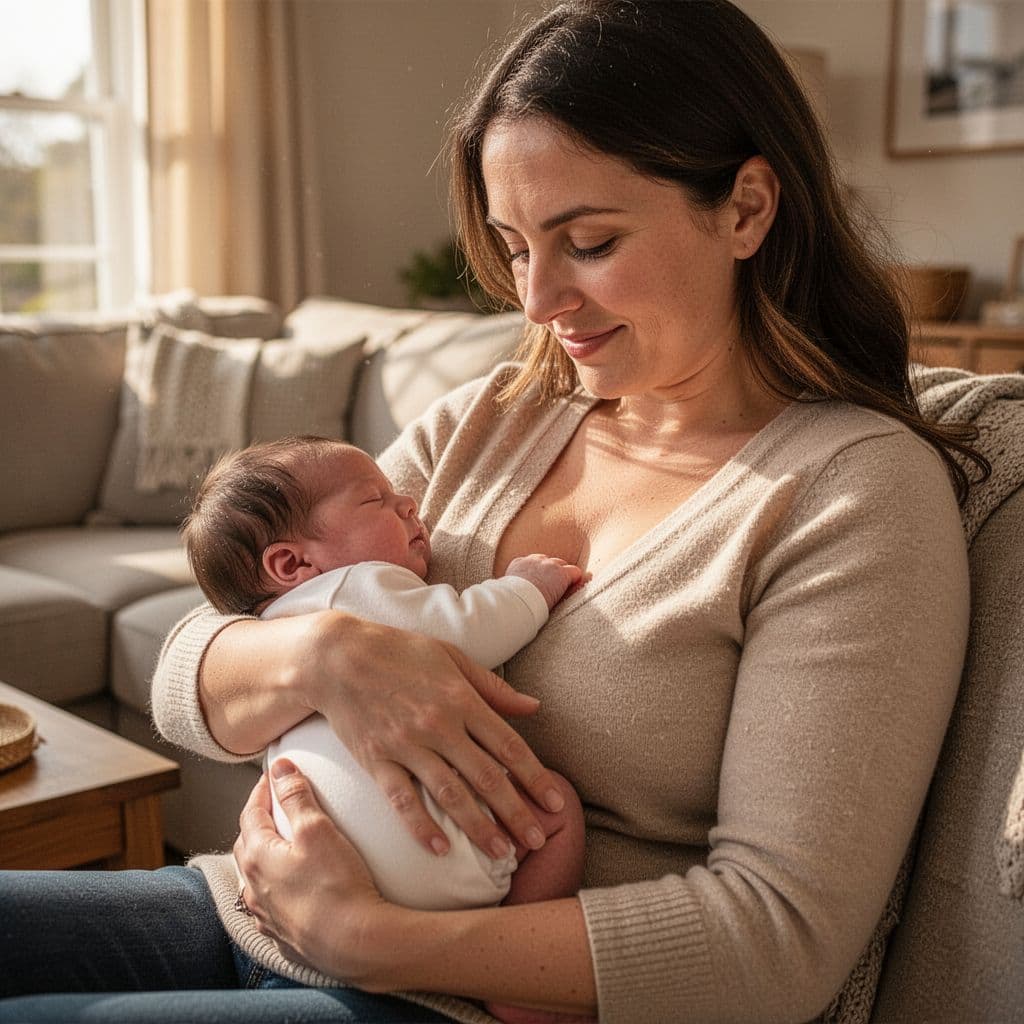A mother holds her newborn baby to her breast with close contact and proper support in a cozy home.
