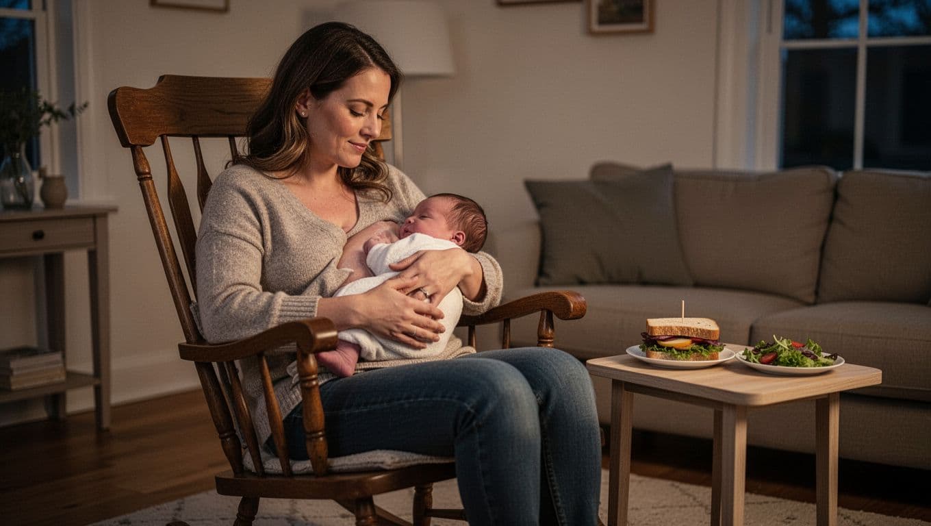 Relaxed mother sitting in a rocking chair in a dim evening living room, calmly breastfeeding her newborn baby with soft warm lighting and a simple sandwich and salad dinner on a nearby side table, evoking a peaceful quiet atmosphere.