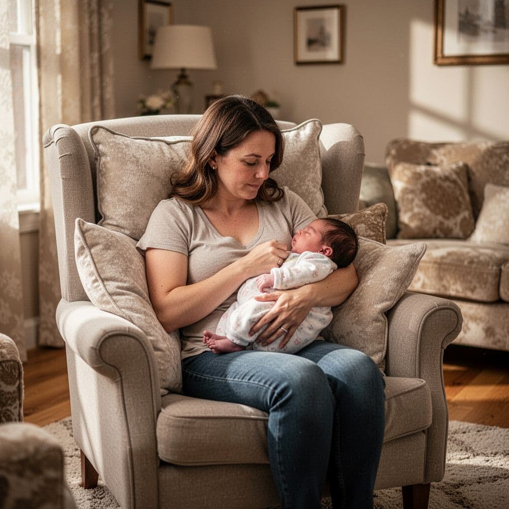 Mother in armchair nurses newborn baby using pillows for back and baby support.