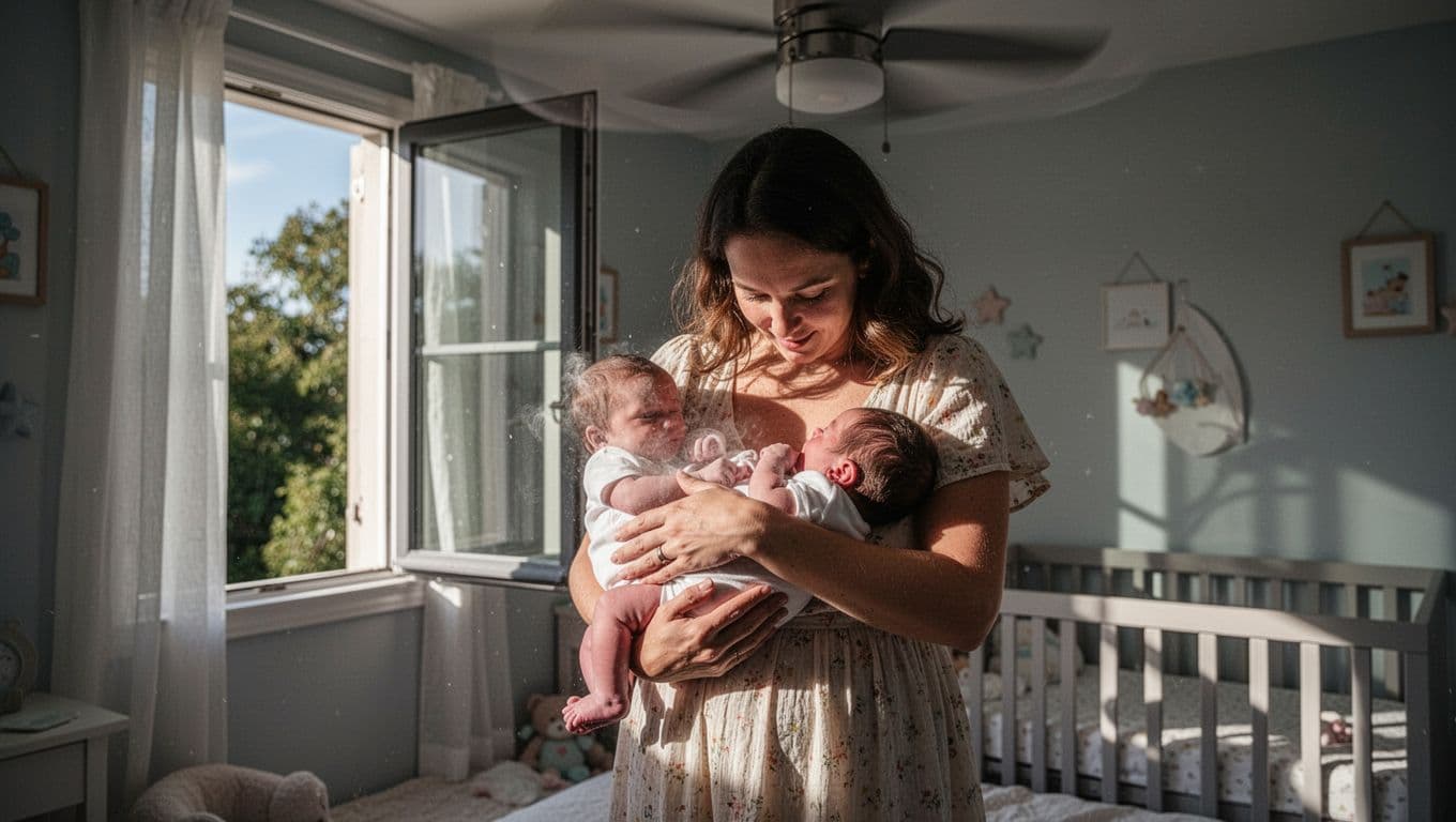 Mother in light summer dress dresses newborn in thin onesie and breastfeeds in nursery with open window and fan.