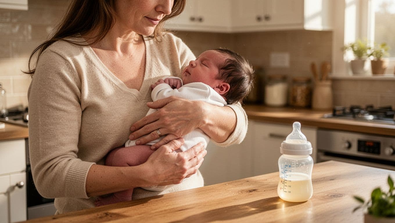 Mother holds relaxed newborn upright for burping after feeding in cozy kitchen, paced bottle on table, soft warm lighting.