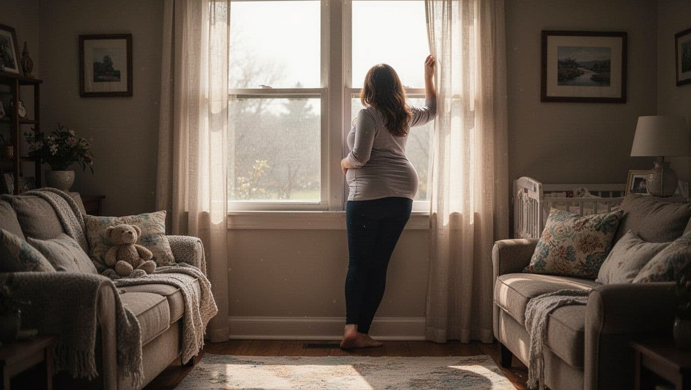 A woman stands in silhouette by a bright home window while observing the sunrise. The cozy room features soft textures and natural morning light casting deep shadows across the lived-in space.