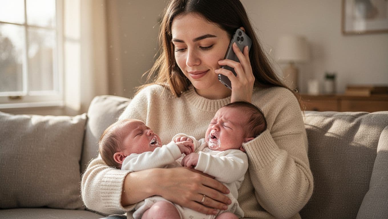 Concerned mother cradles fussy newborn with white tongue coating, holds phone to ear in cozy living room.