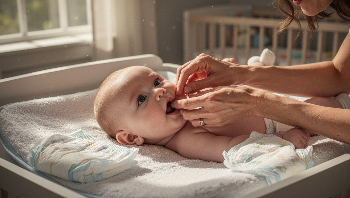 Mother lifts baby's upper lip to check mouth on changing mat in bright nursery.