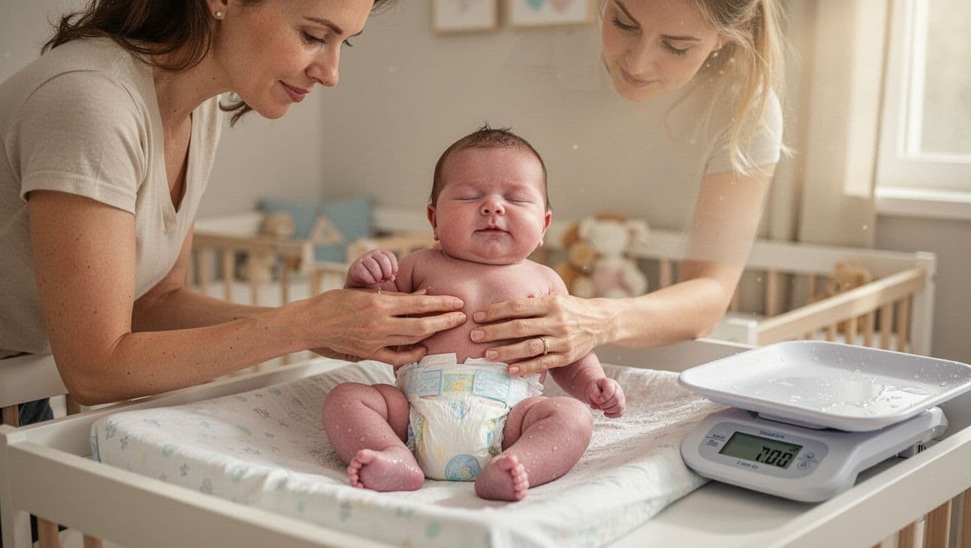 A mother in a nursery gently checks a wet diaper on her content newborn baby on a changing table, with a nearby baby scale showing steady weight gain.