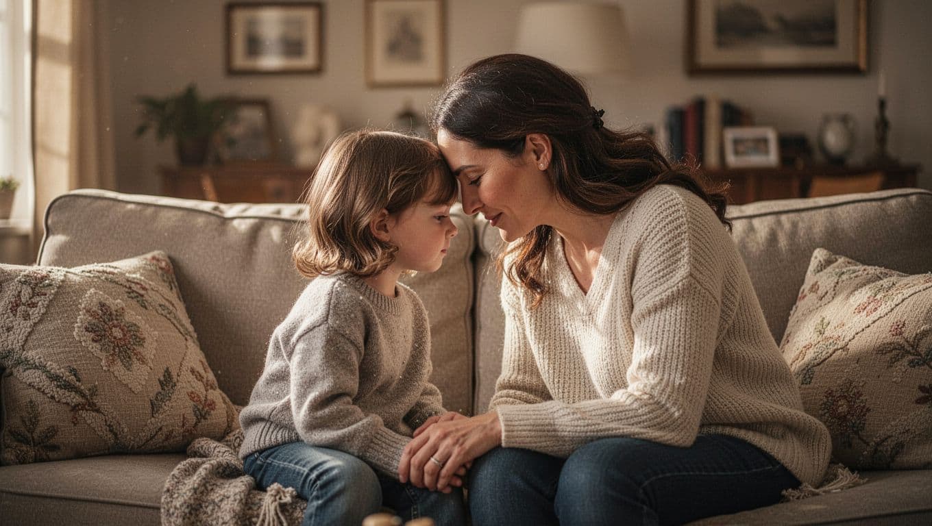 A mother gently rests her forehead against her young child while sitting on a plush sofa. Soft, warm light illuminates their peaceful expressions, highlighting a quiet moment of genuine, emotional intimacy.