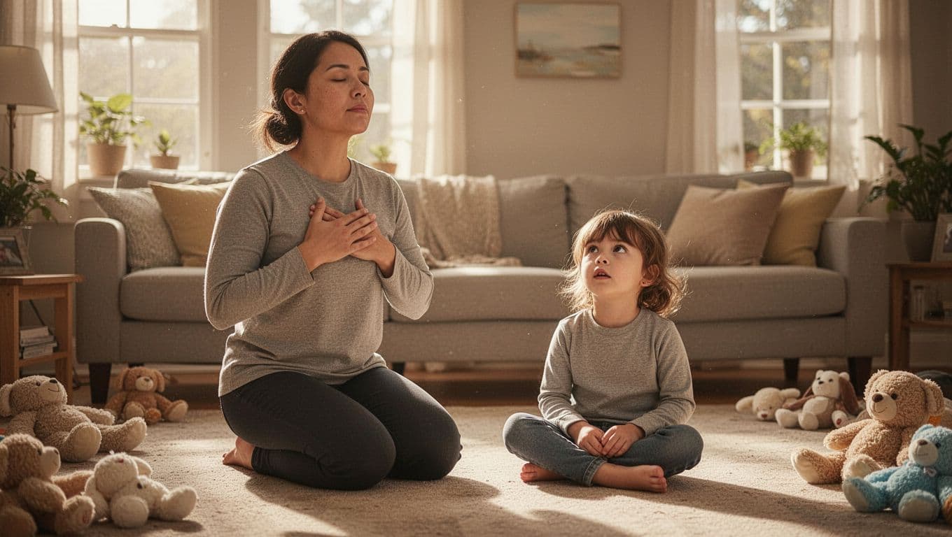 Mother kneels with hand on chest breathing deeply as wide-eyed child mimics cross-legged in sunny living room.