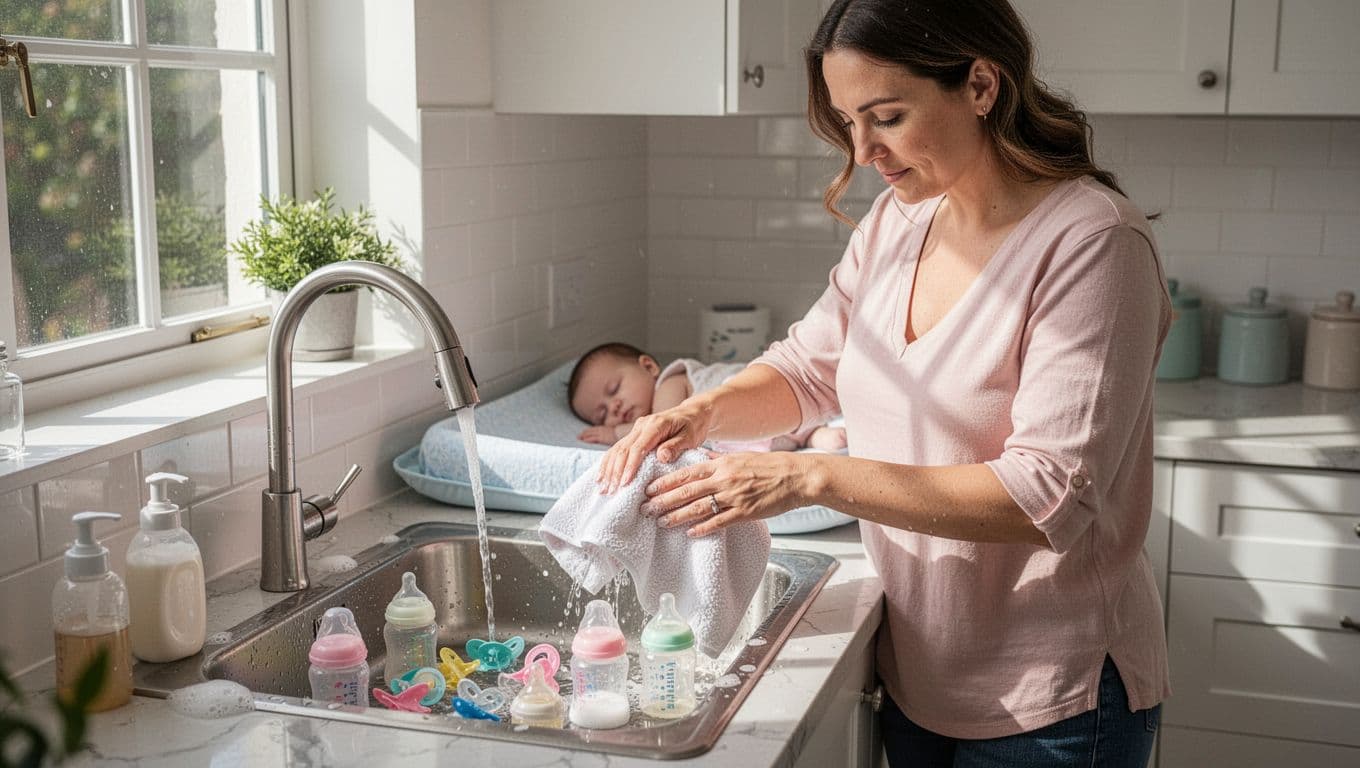 Mother washes baby pacifiers and bottles in sink with soap, pats nipples dry with towel, baby sleeps on nearby changing mat.
