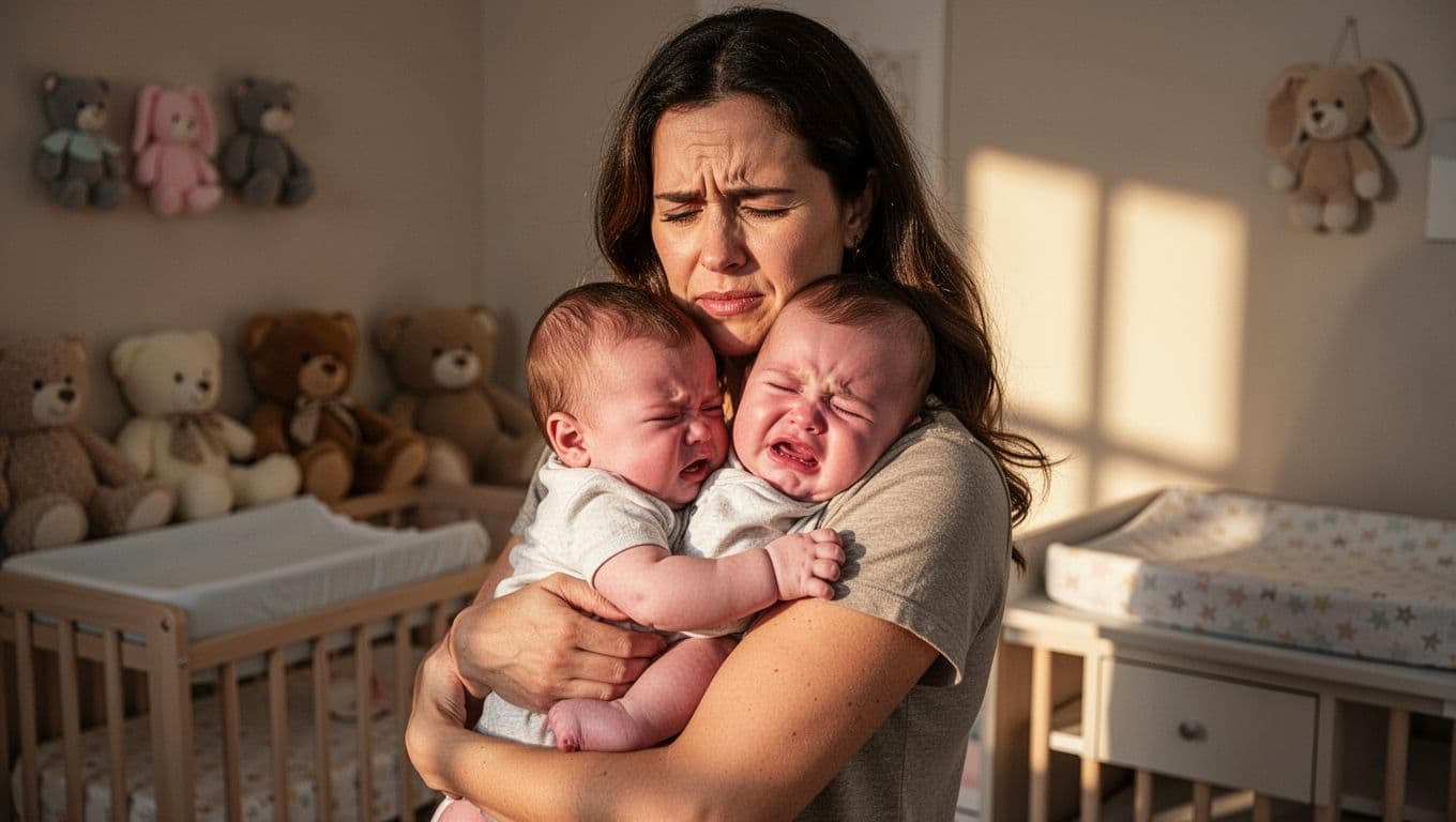 Concerned mother holds grimacing baby over her shoulder in cozy nursery with toys and changing table.