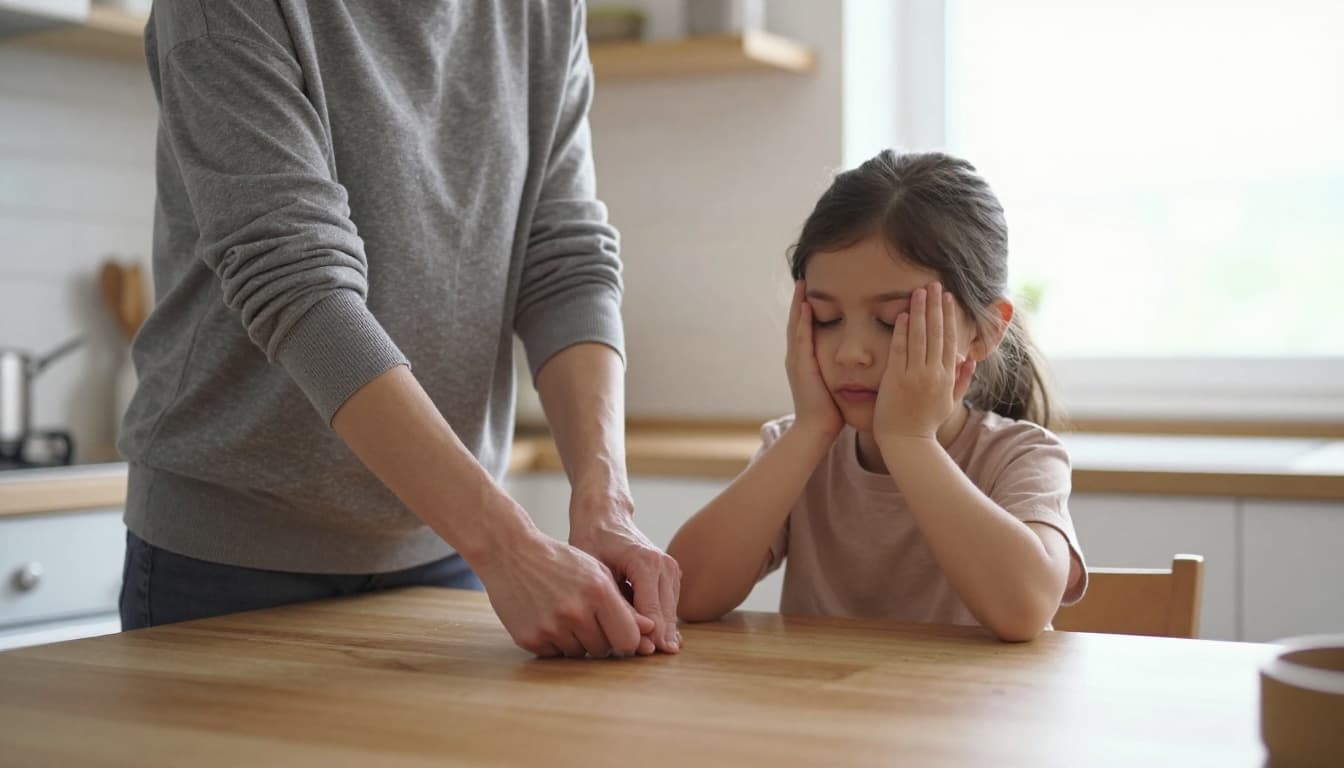 Mother closes eyes for deep breath, unclenches hands on kitchen counter, young child at table.