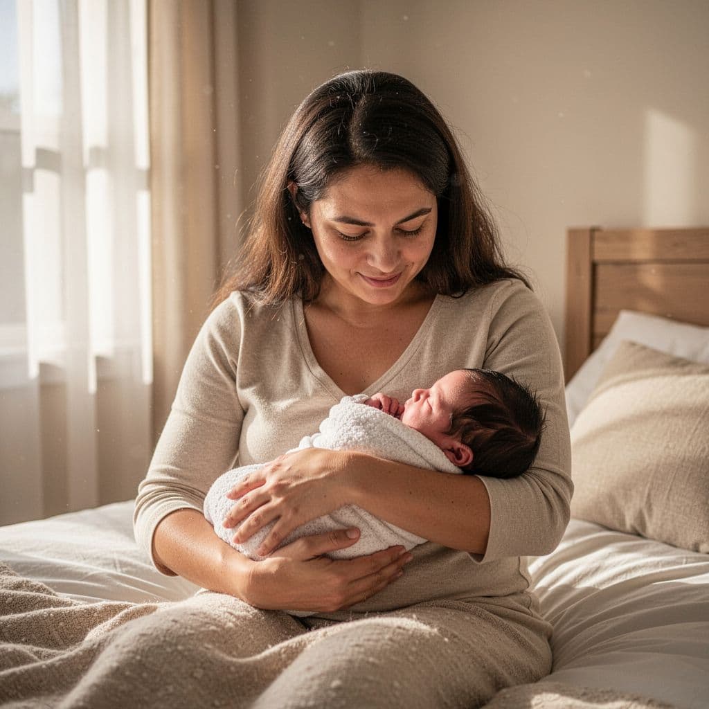 Mother looks gently down at her newborn in a sunlit room.
