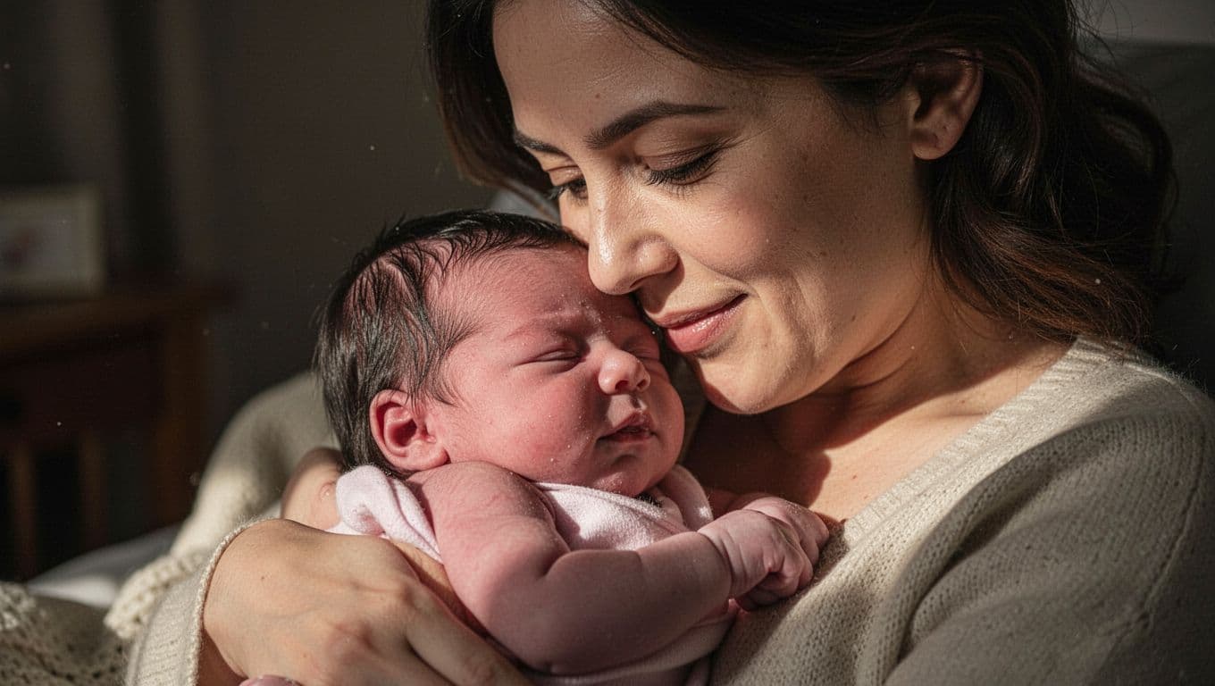 A mother gently cradles her newborn daughter against her chest in a softly lit, intimate bedroom. Warm light highlights the baby's delicate features as the mother rests her cheek nearby.