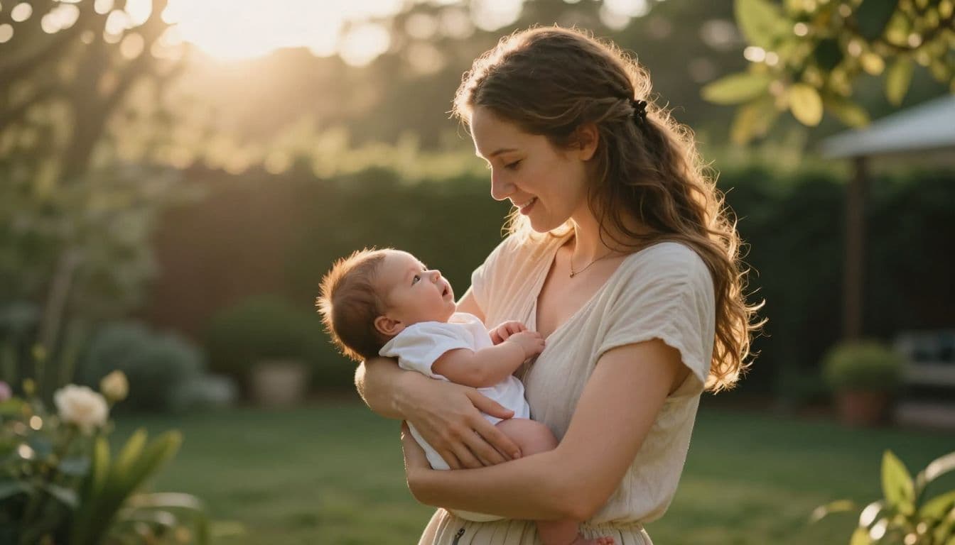 A young mother cradles her infant against her chest while standing in a lush garden. The scene is illuminated by golden hour light, highlighting the peaceful connection between mother and child.