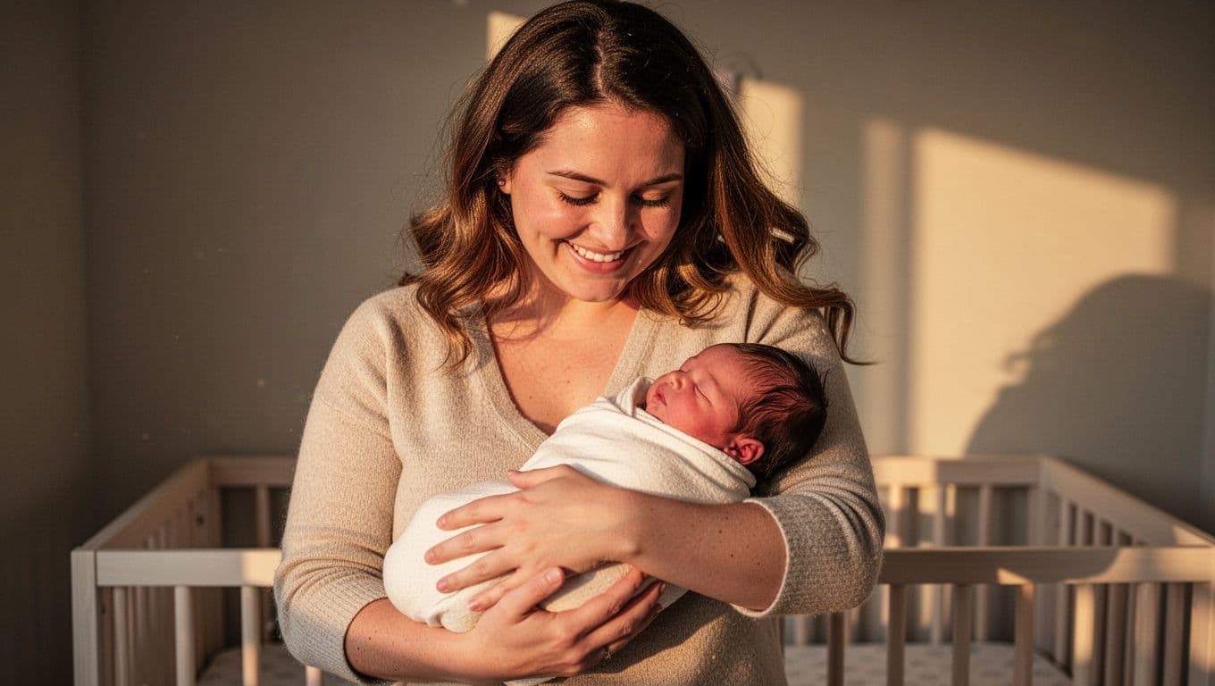 Young mother holds tiny swaddled newborn in soft-lit nursery, gazing lovingly in warm golden light.