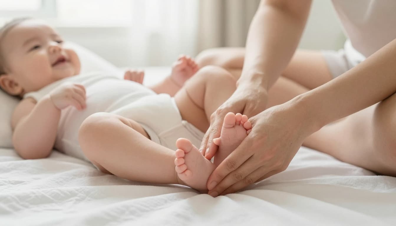 Mother sits cross-legged on nursery floor massaging her relaxed 3-month-old baby's legs and feet on white blanket.