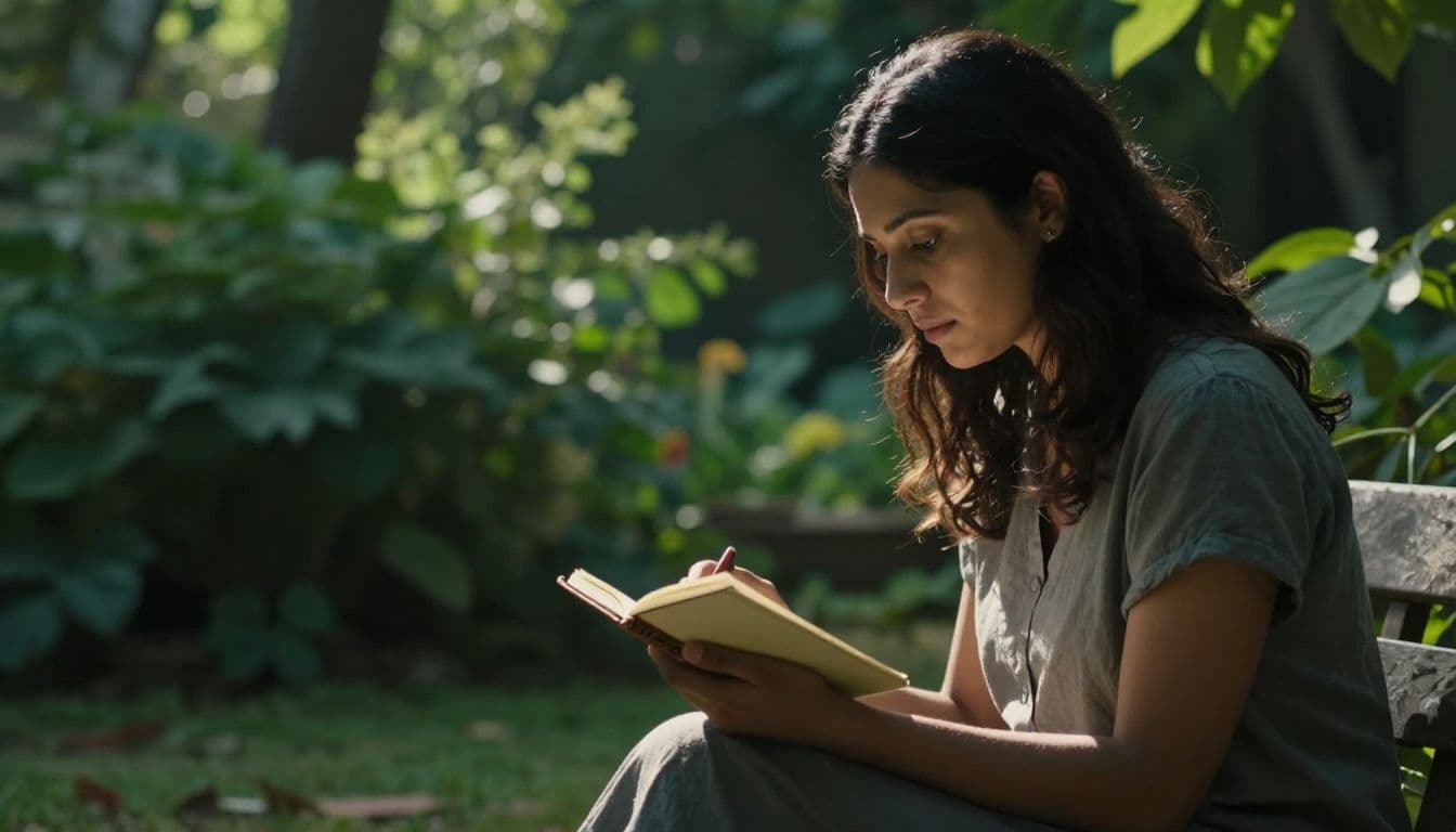 A woman sits on a bench surrounded by lush green foliage, softly focused in the background. She holds an open notebook, gently penning baby names while sunlight glows behind her hair.