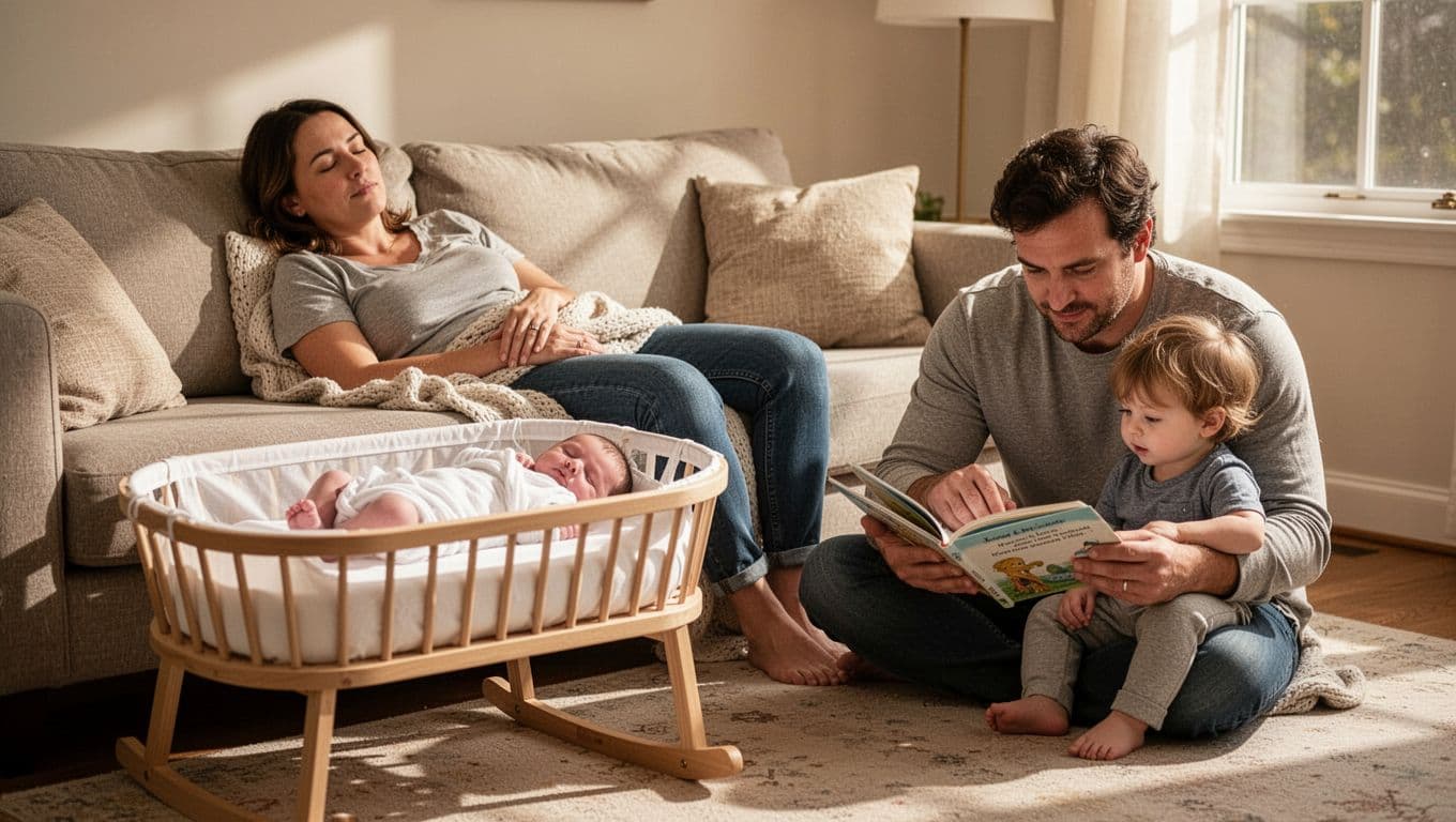 Mother napping peacefully on couch in soft daylight living room, newborn sleeping in bassinet next to her, partner reading to toddler on floor in calm home setting.