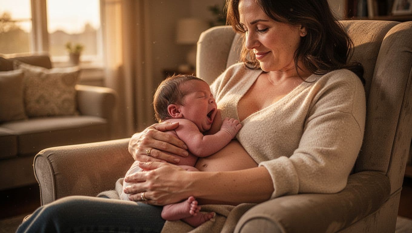 Cozy living room scene in late afternoon with a calm mother holding her newborn skin-to-skin on a chair, baby showing rooting reflex with mouth open towards breast, soft golden light and warm tones.