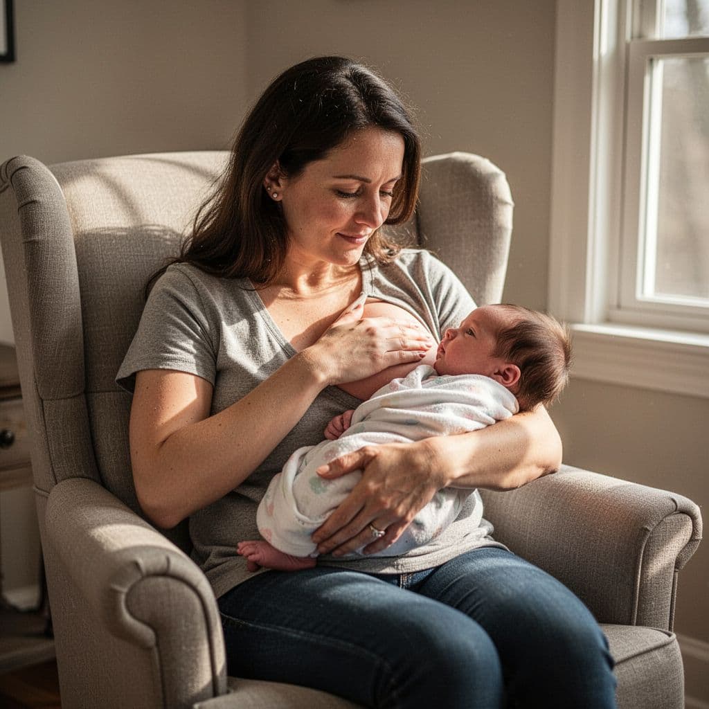 Mother sits in chair holding newborn across lap in cross-cradle hold, supporting neck and shaping breast.