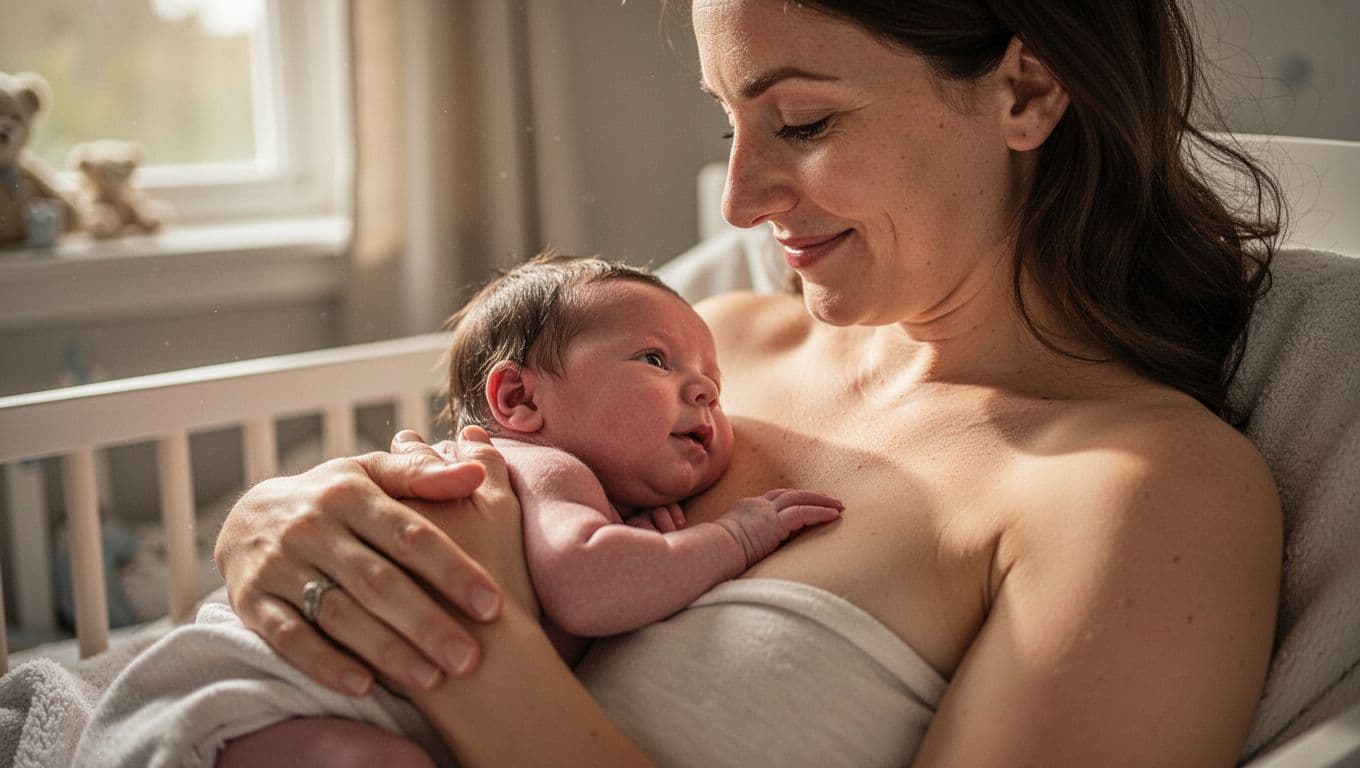 Mother holds newborn skin-to-skin on bare chest in nursery, sharing gentle eye contact.
