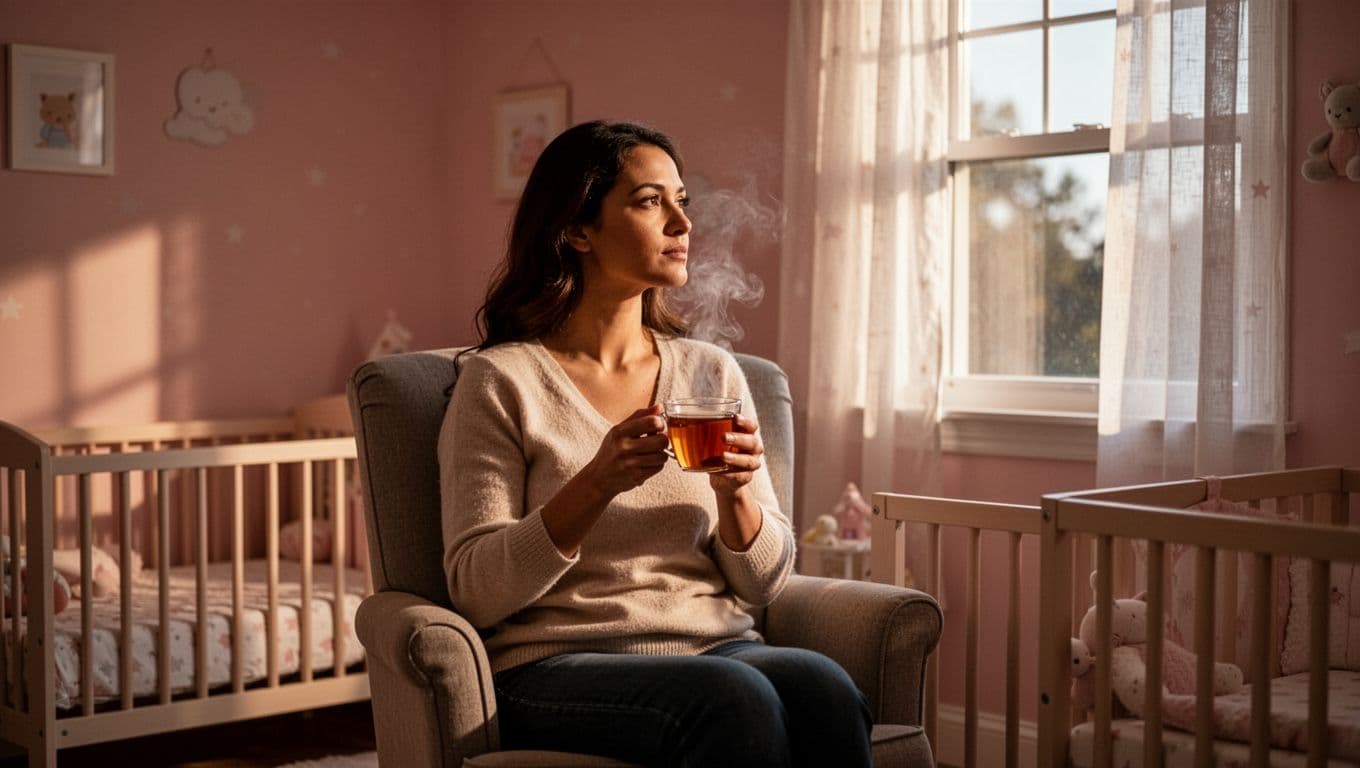 A mother rests in a dimly lit nursery, holding a warm ceramic cup while gazing pensively out the window. Soft golden light illuminates her calm expression amidst a peaceful domestic scene.