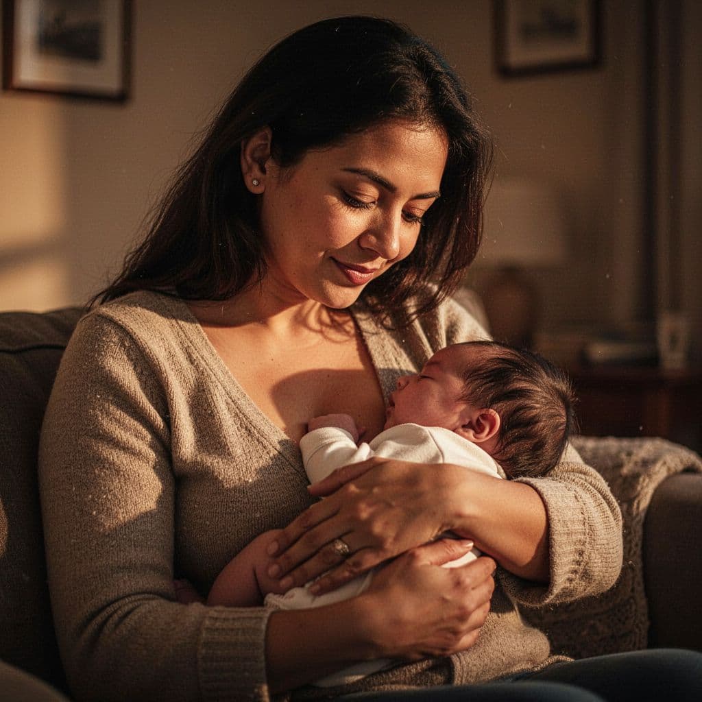 A mother gently cradles her baby in a dimly lit, cozy room. Warm golden light highlights their intimate facial expressions and skin contact, emphasizing a peaceful and natural breastfeeding connection together.