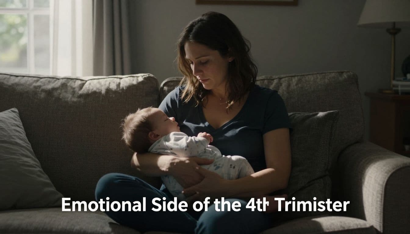 A weary new mother rests on a plush living room couch, gazing down at her swaddled infant sleeping soundly in her arms. Dramatic golden sunlight streams through a nearby window creating contrast.