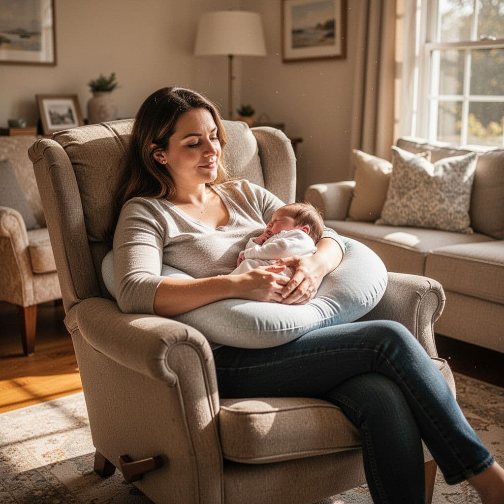Mother reclines in armchair at home, nursing newborn with supportive pillow.