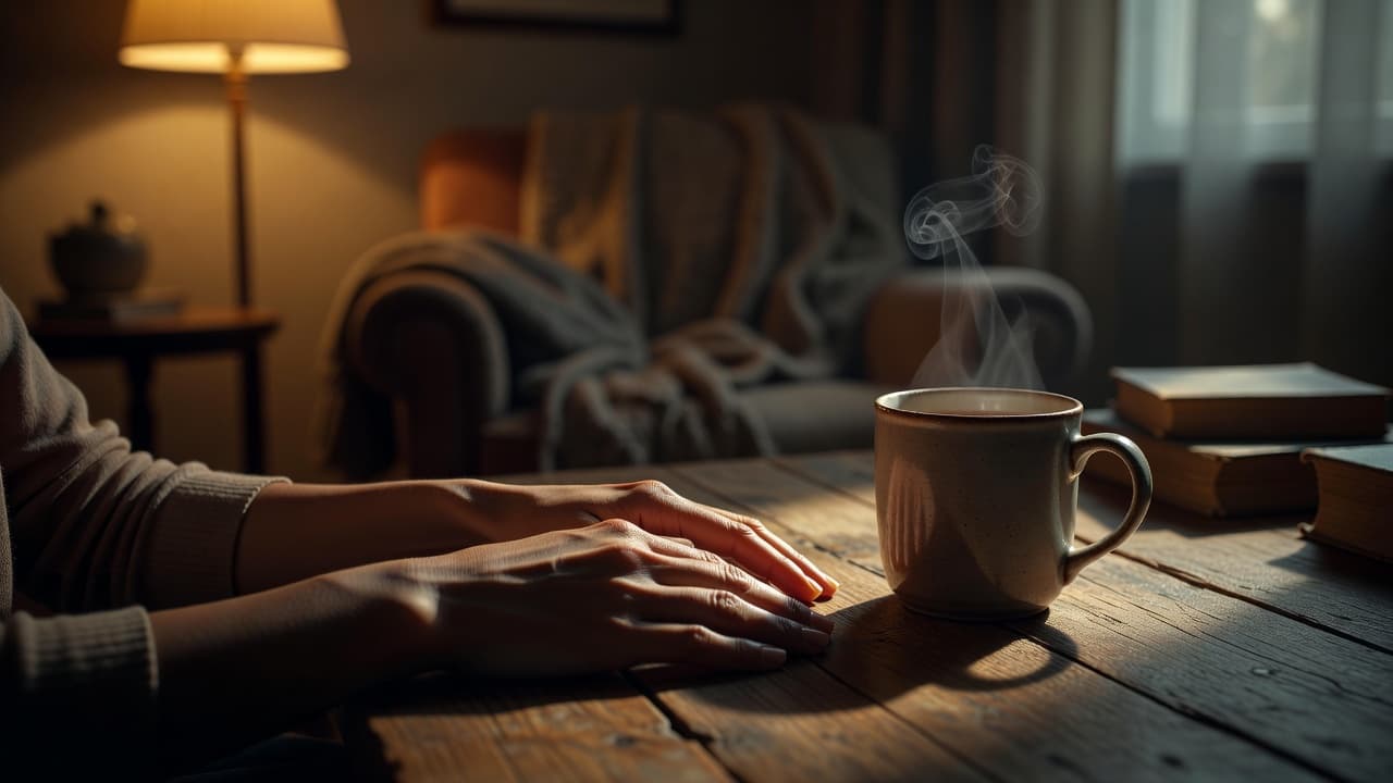 A pair of caring hands rests calmly on a textured wooden table surface. A ceramic mug releases a thin wisp of steam nearby, set against a blurred and softly illuminated background.
