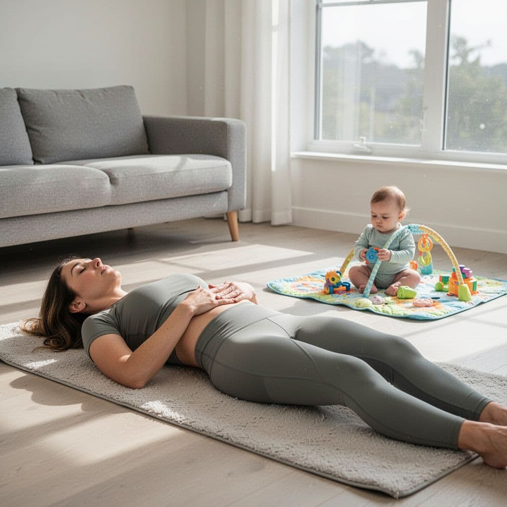 A woman lies on a floor mat practicing gentle core breathing while her baby plays nearby.