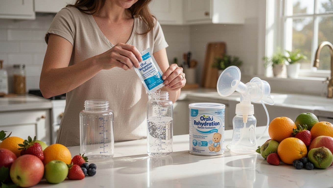 Mother mixes oral rehydration solution packet into bottle beside baby formula and breast pump on clean kitchen counter with fruits.