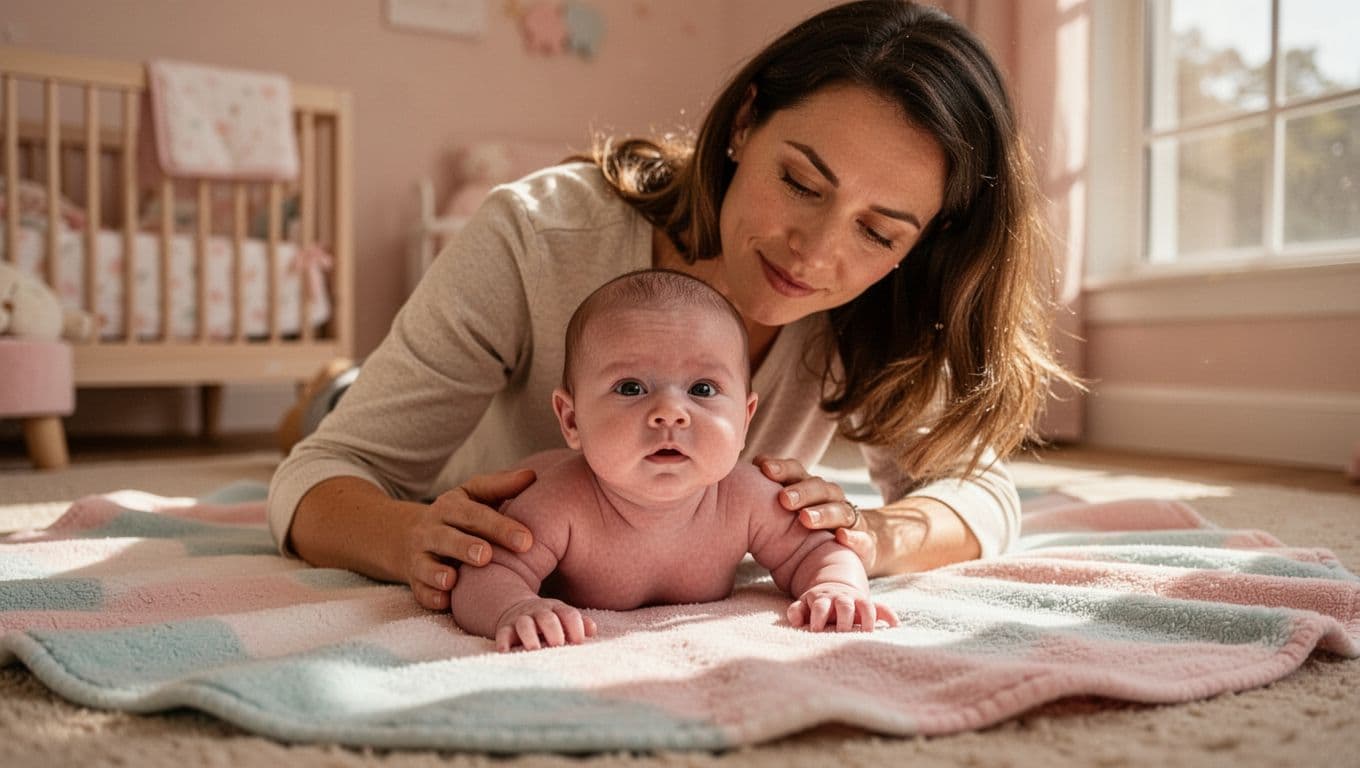 Mother supervises small preterm baby lifting head slightly on soft blanket during tummy time in cozy nursery.