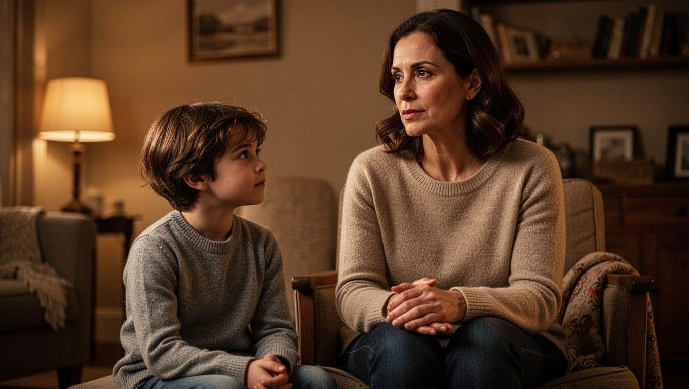 A mother with a gentle expression leans toward her child in a cozy, sunlit room. Soft golden light illuminates their faces, emphasizing the quiet connection and warmth of this tender moment.