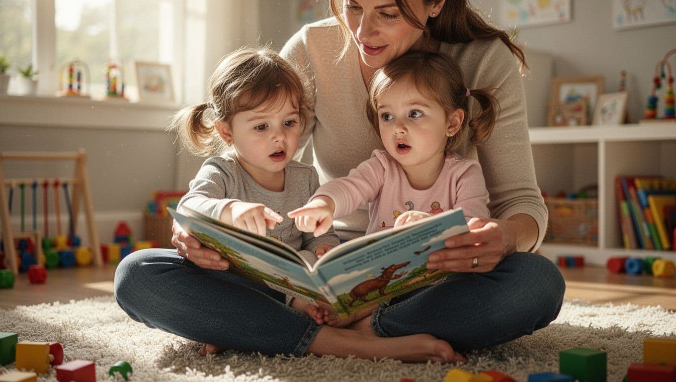 Mother sits cross-legged on rug reading open picture book to wide-eyed toddler pointing at pages in sunny playroom.