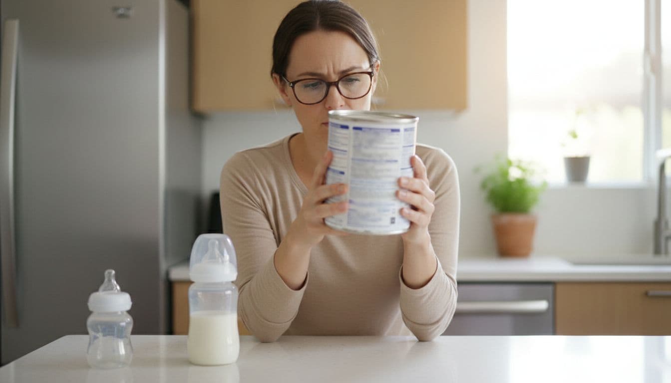 Mother in a modern kitchen closely reading the baby formula can label, with baby bottle and prepared formula on counter nearby, warm natural window light, photorealistic focus on label reading action, exactly one adult woman visible holding can with two hands.