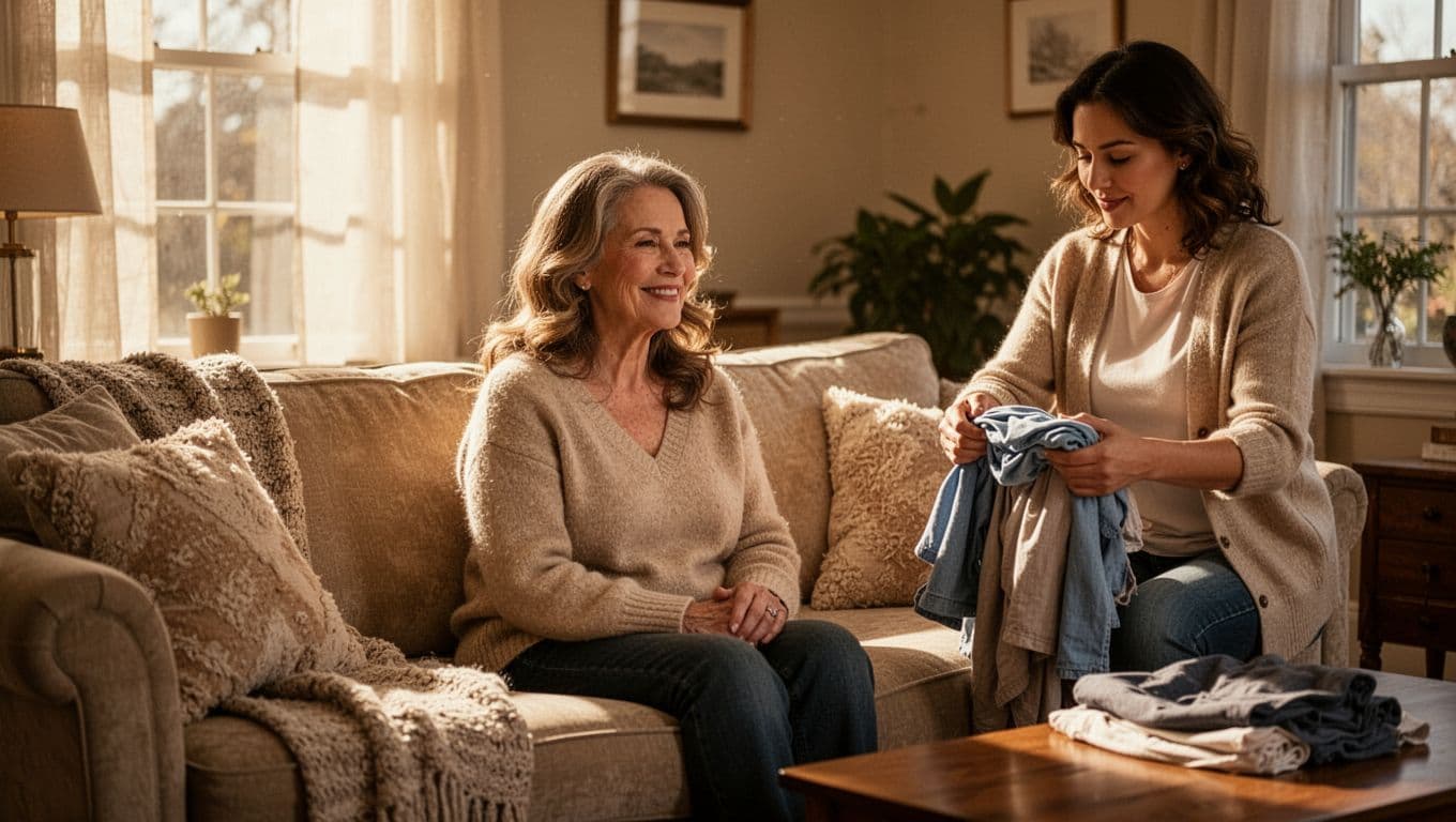 A smiling mother relaxes on a plush couch while a helpful friend neatly folds laundry beside her. Sunlight streams into the cozy living room, highlighting the warm textures and tranquil mood.