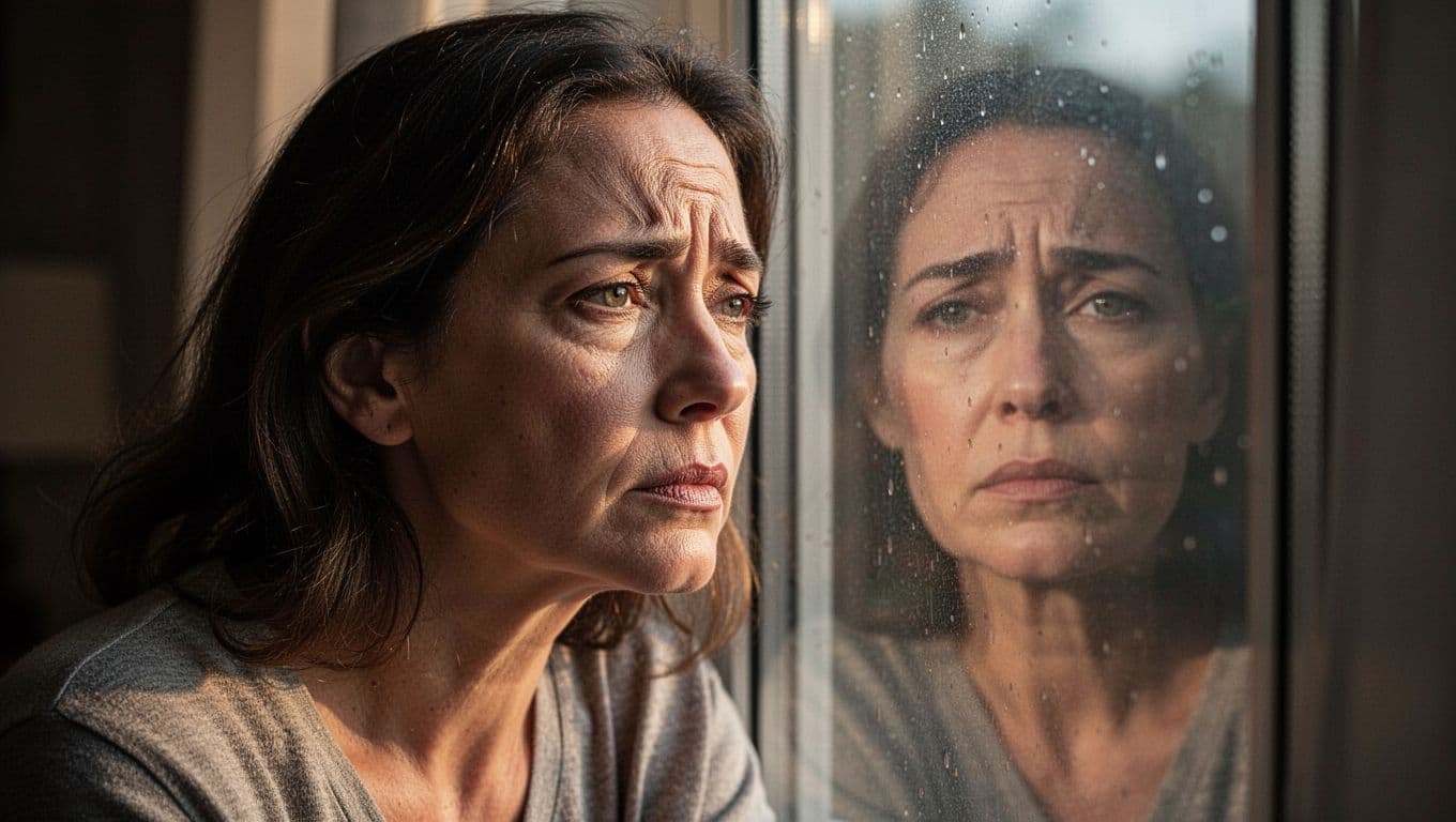 A weary mother gazes thoughtfully through a glass pane at the rising sun. Her somber expression is mirrored faintly in the window, highlighting the quiet emotional transition of early motherhood experiences.