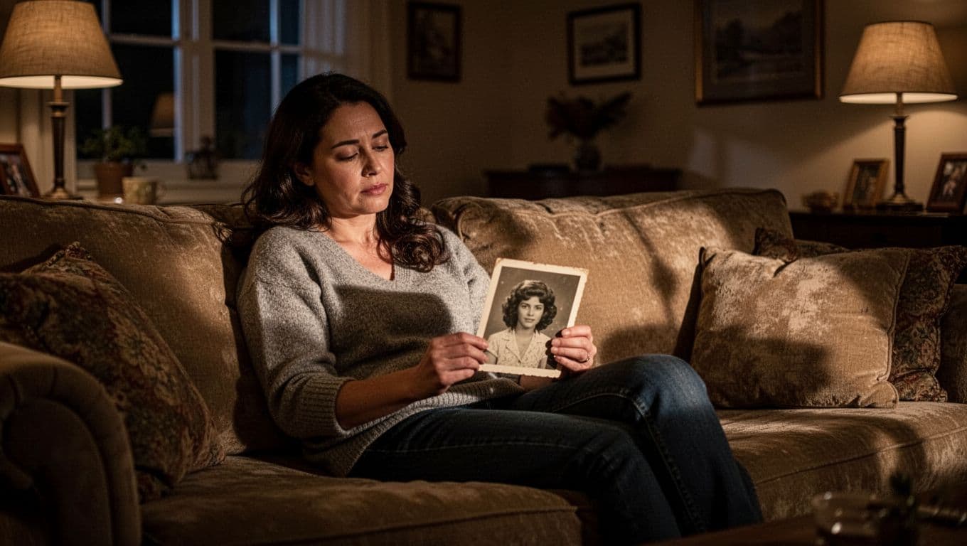 A weary mother sits in a softly lit, shadowed living room holding a fading vintage portrait. Warm amber light catches her profile as she gazes intently at her younger, carefree self.
