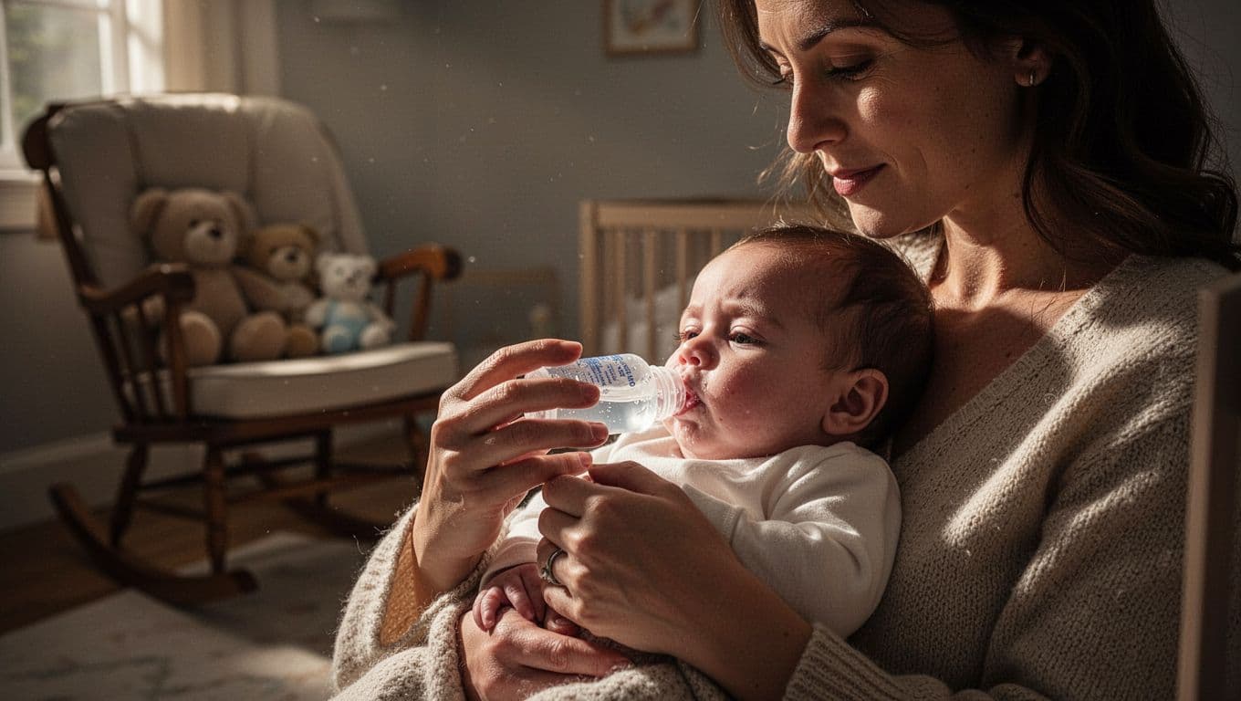 Mother holds calm baby close in cozy nursery, offering small sips from spoon.