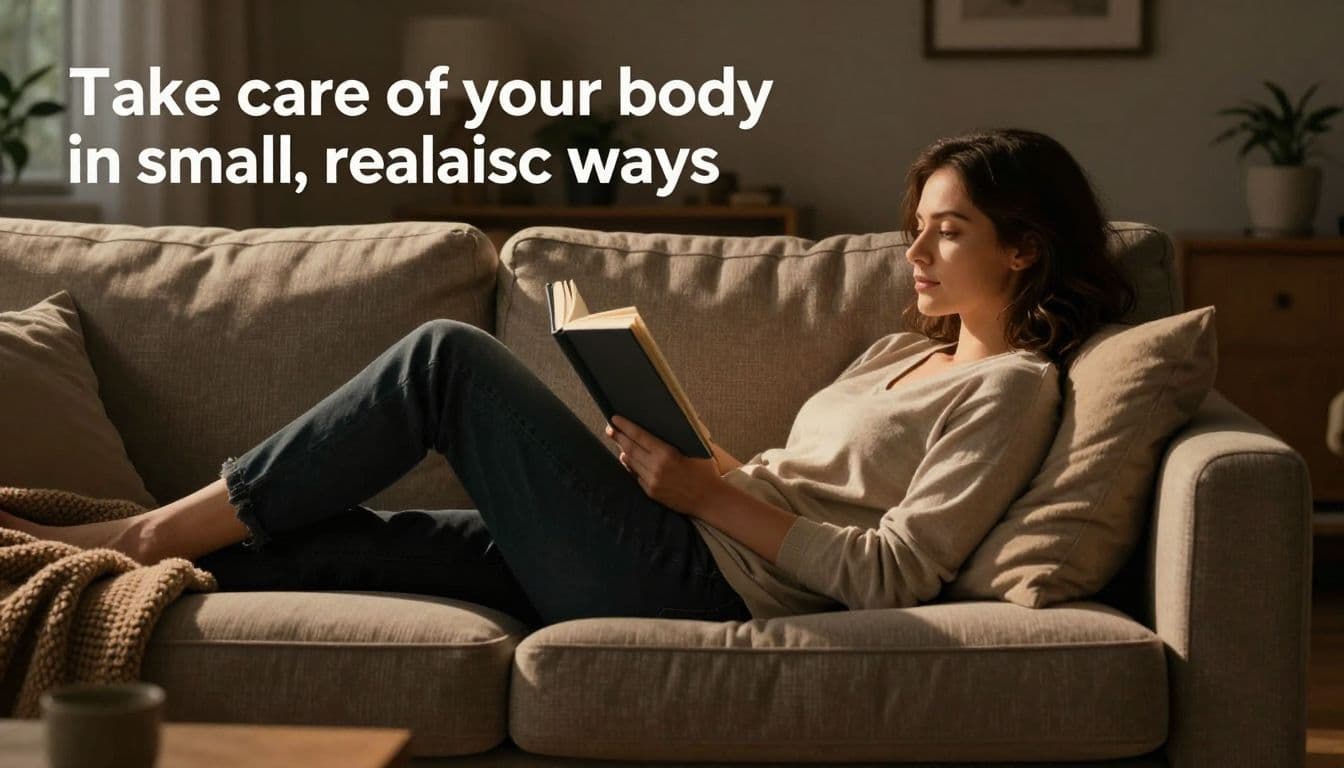 A woman leans back on a plush sofa, holding an open book while draped in a thick, textured throw blanket. Soft ambient lighting creates a peaceful, lived-in atmosphere within the room.