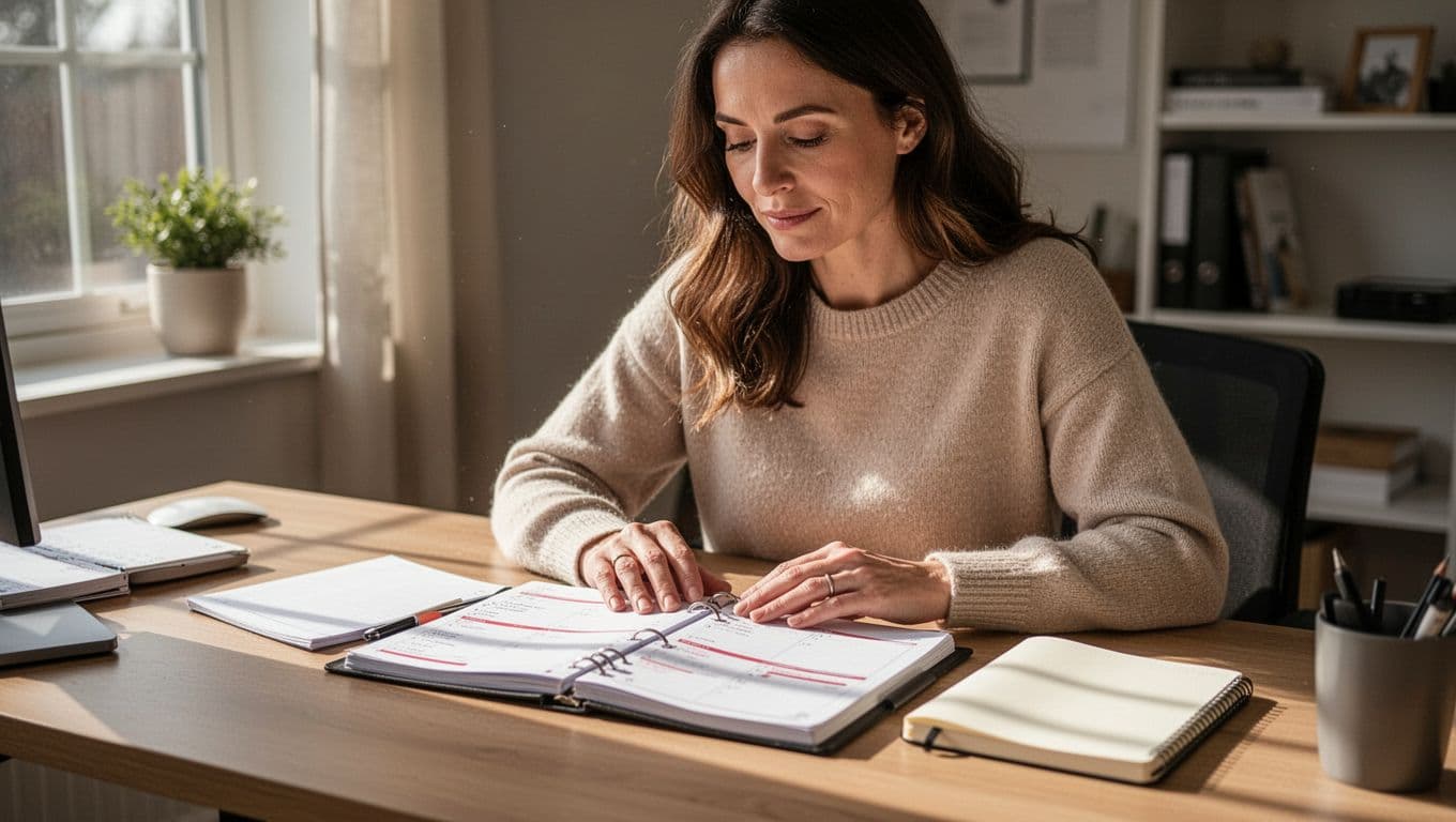 Mother at home desk with notebook and red-marked calendar showing repeating dates, reflective expression.