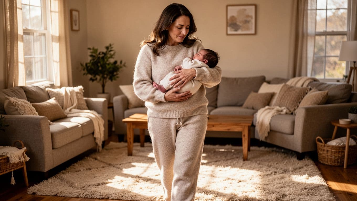 A mother in comfortable clothes gently rocks her fussy newborn baby in her arms while walking slowly in a cozy home living room with warm soft lighting, capturing a tender moment of safe holding and motion to calm colic.
