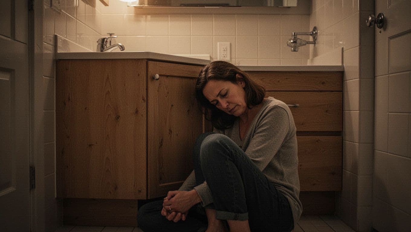 A woman sits slumped on a tiled bathroom floor in shadows, resting her head against wooden cabinets. Soft light highlights her weary expression while the surrounding darkness emphasizes her deep isolation.