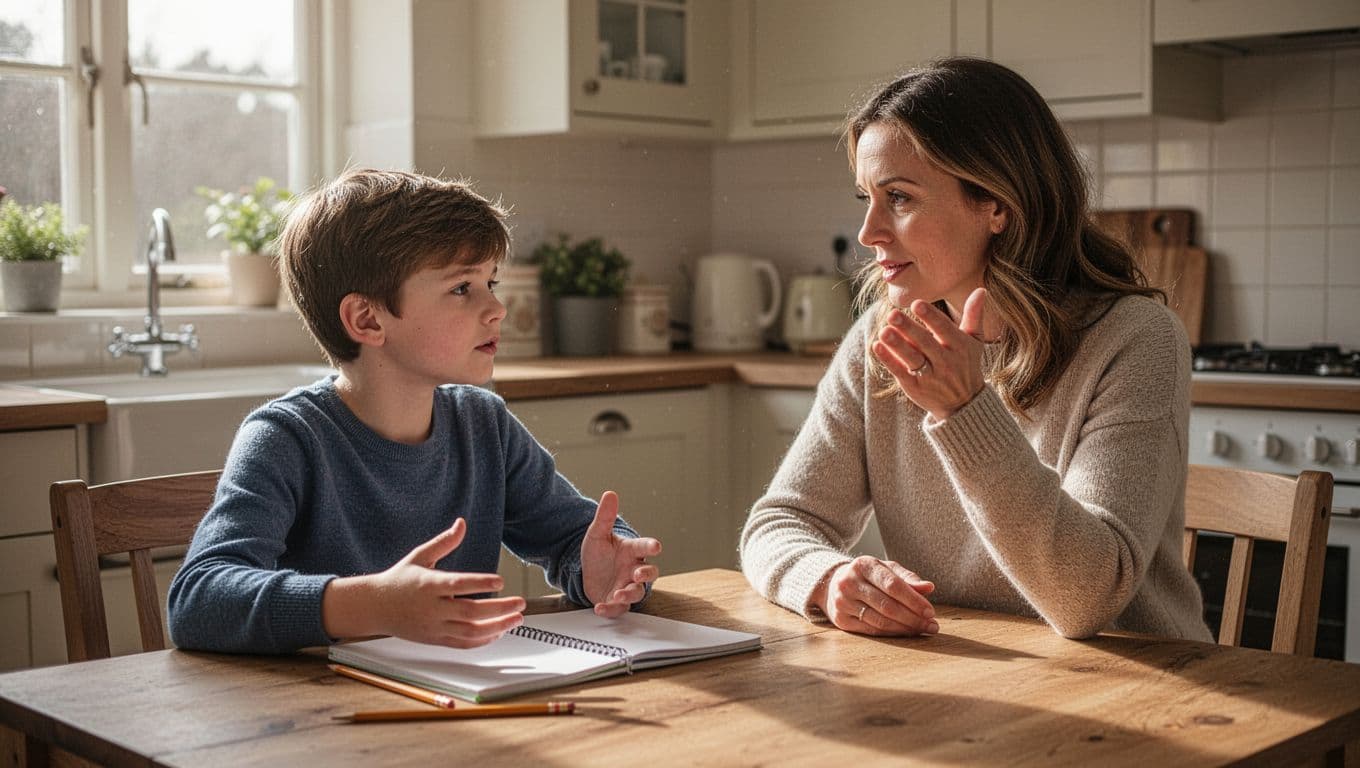 8-year-old boy and mom sit side by side at wooden kitchen table, gesturing calmly with notebooks and pencil nearby.