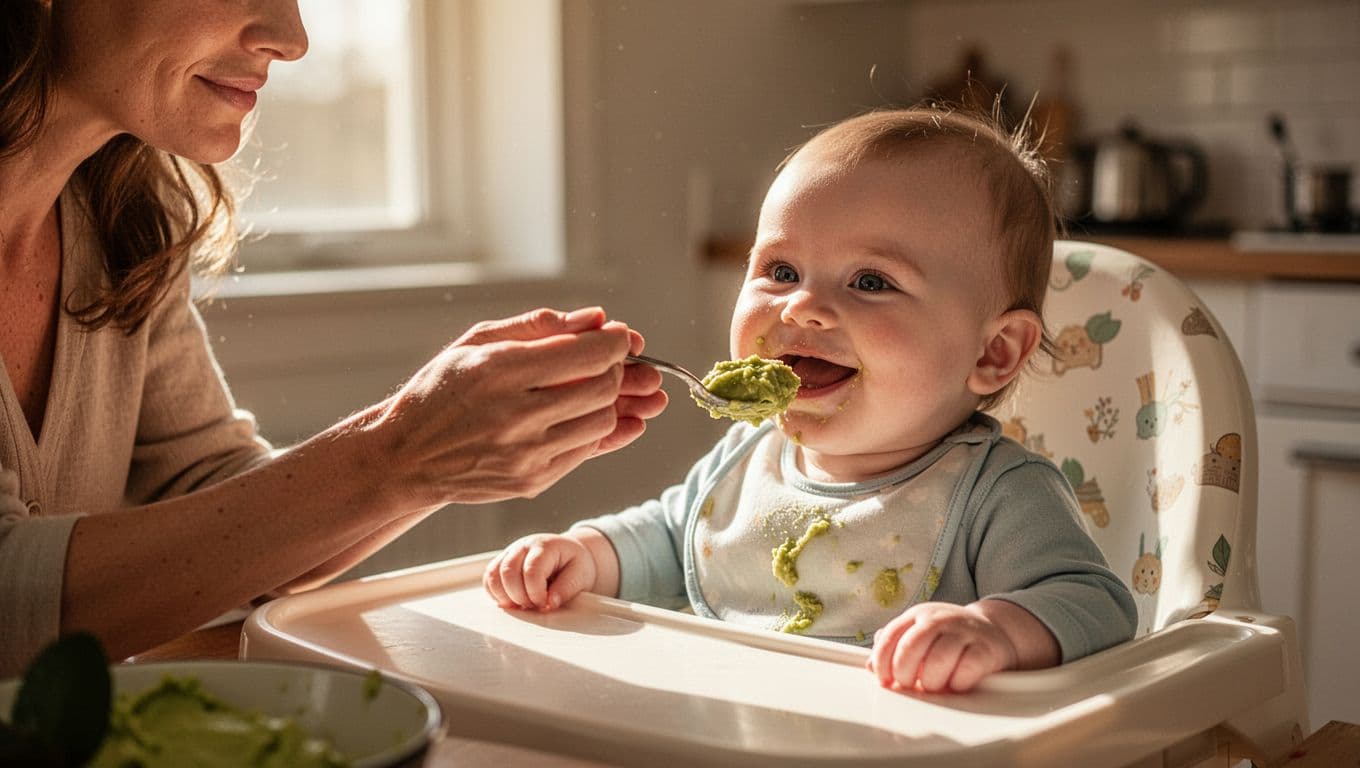 Mother spoon-feeds pureed avocado to smiling 6-month-old baby in high chair at kitchen table.