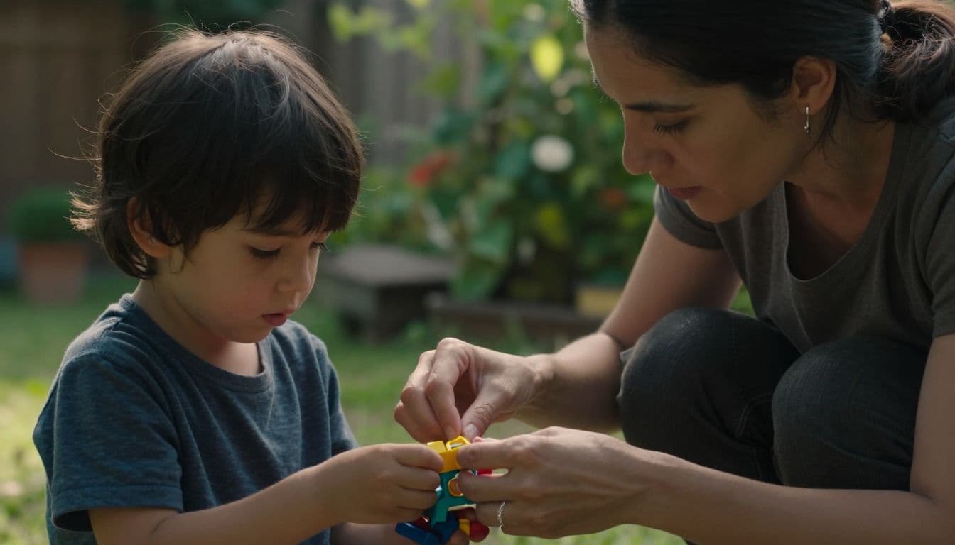 A woman kneels on grass, focusing intently while helping her small child repair a plastic toy. Sunlight filters through the lush garden leaves, illuminating their connected hands and focused expressions.